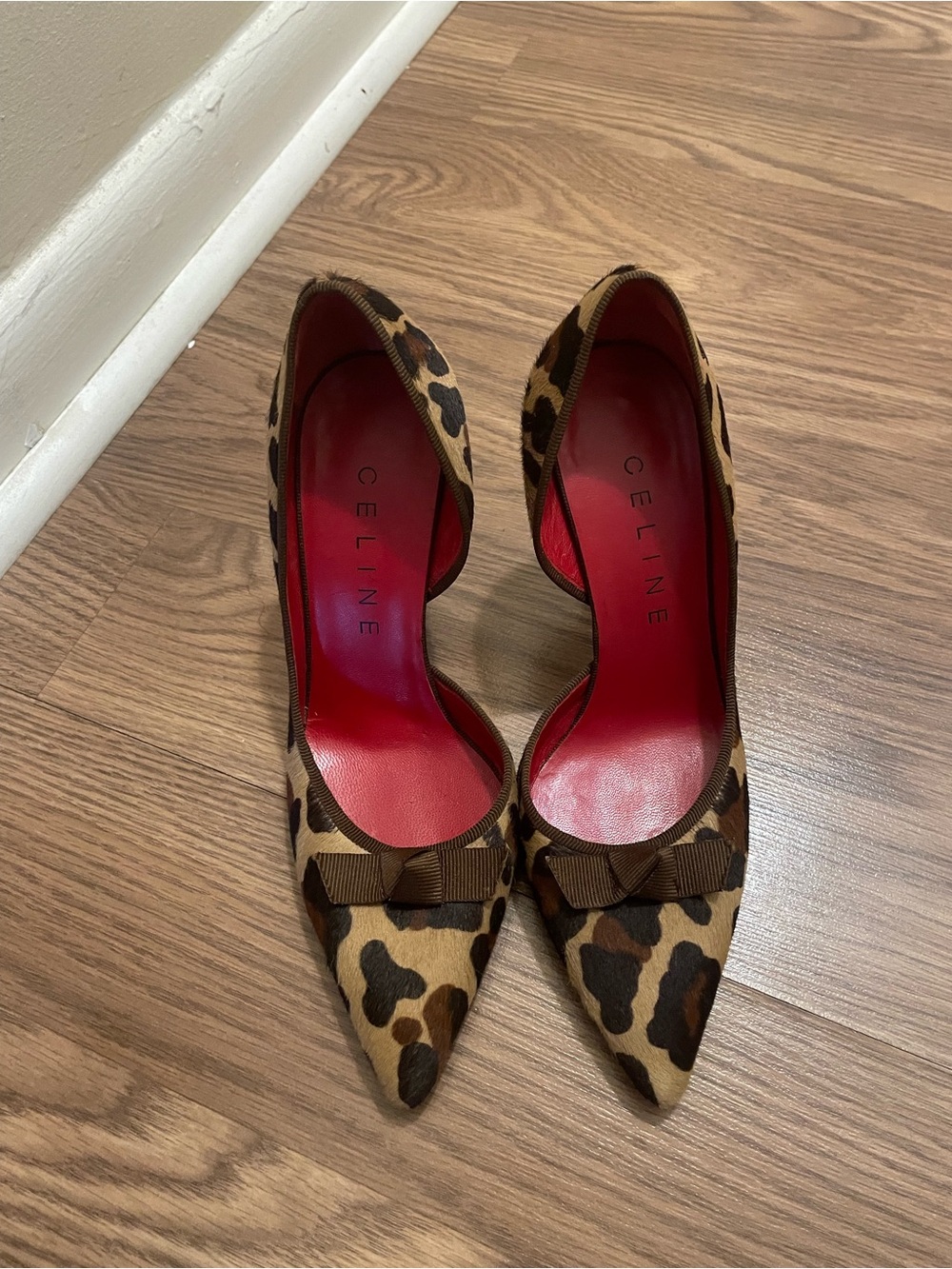 Celine Leopard-Print Pointed Toe Pumps with Red Insole
